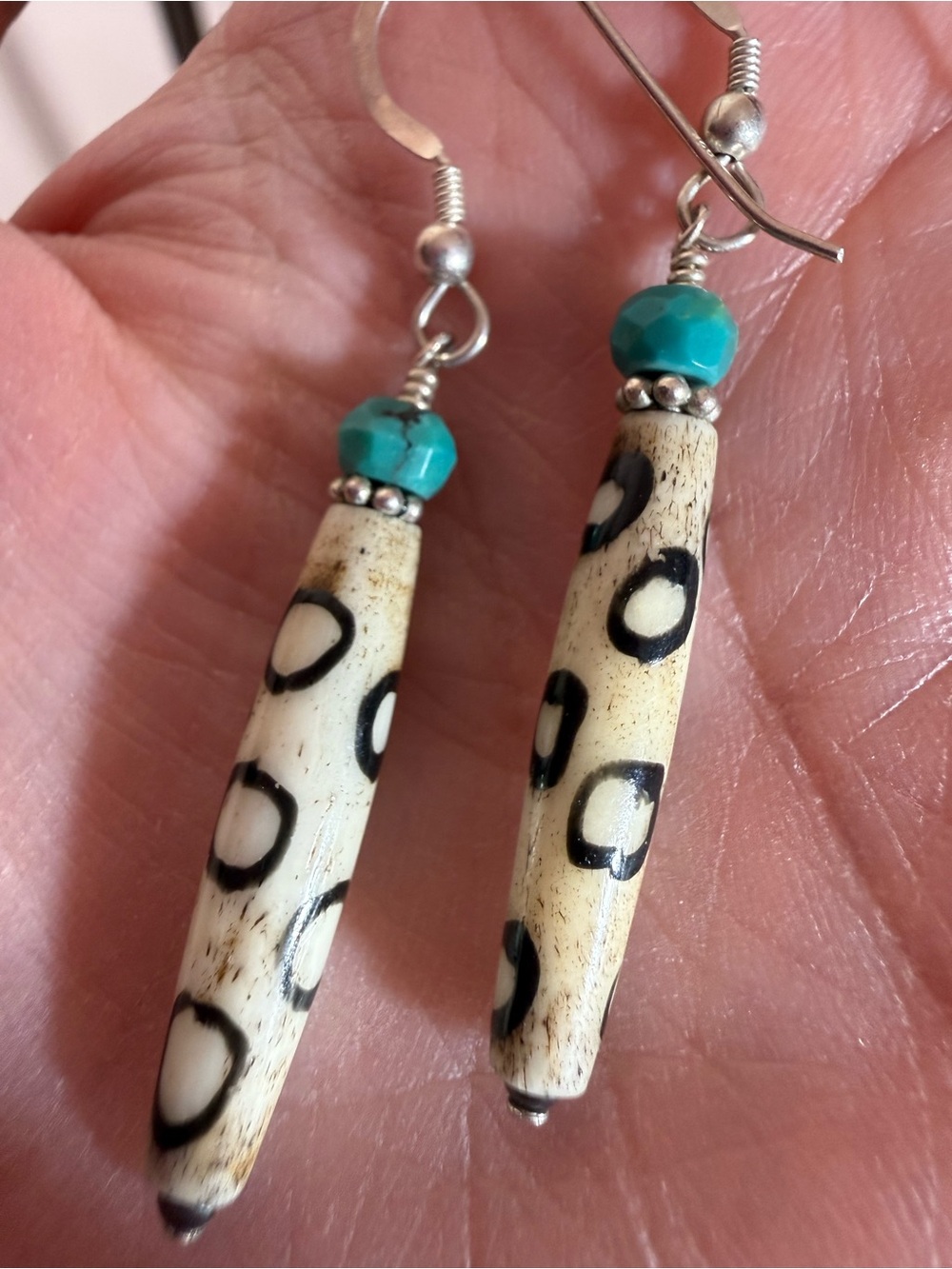 Vintage artisan handmade southwestern polka dot horn Turquoise boho earrings
